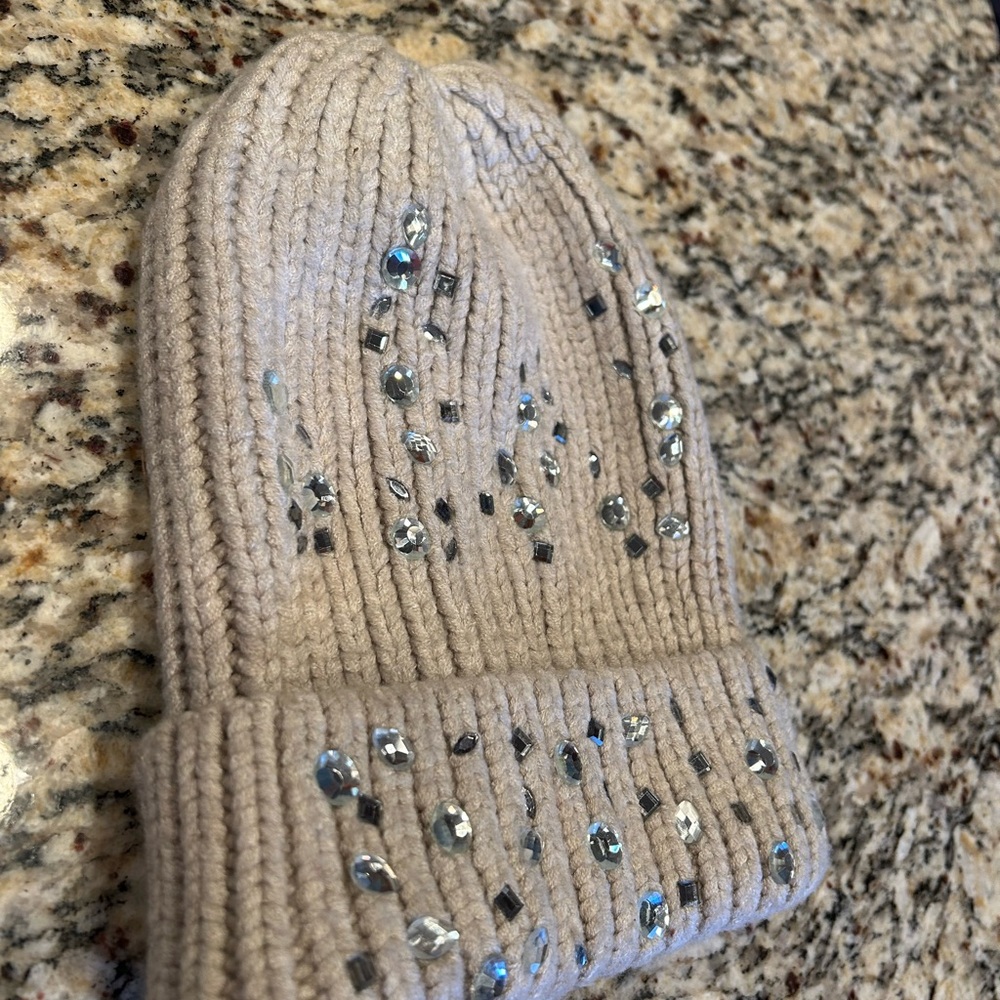 Embellished Beige Knit Beanie